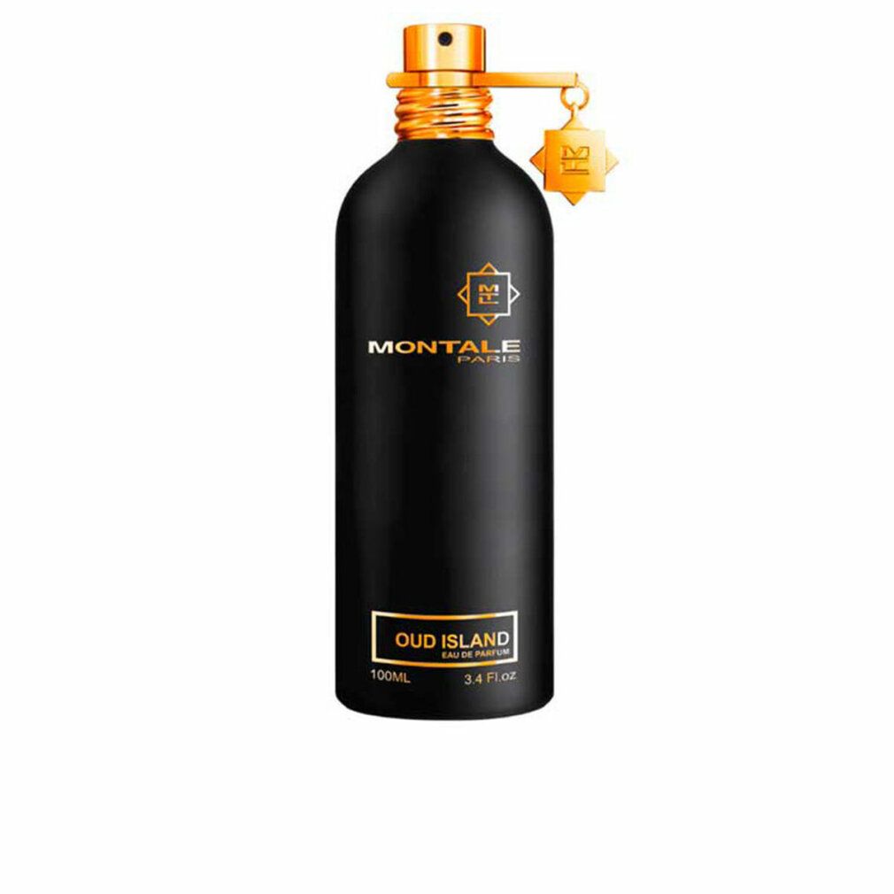 Schwarze Flasche mit goldfarbenem Verschluss und Anhänger. Aufschrift: MONTALE PARIS, OUD ISLAND. 3.4 Fl. Oz.