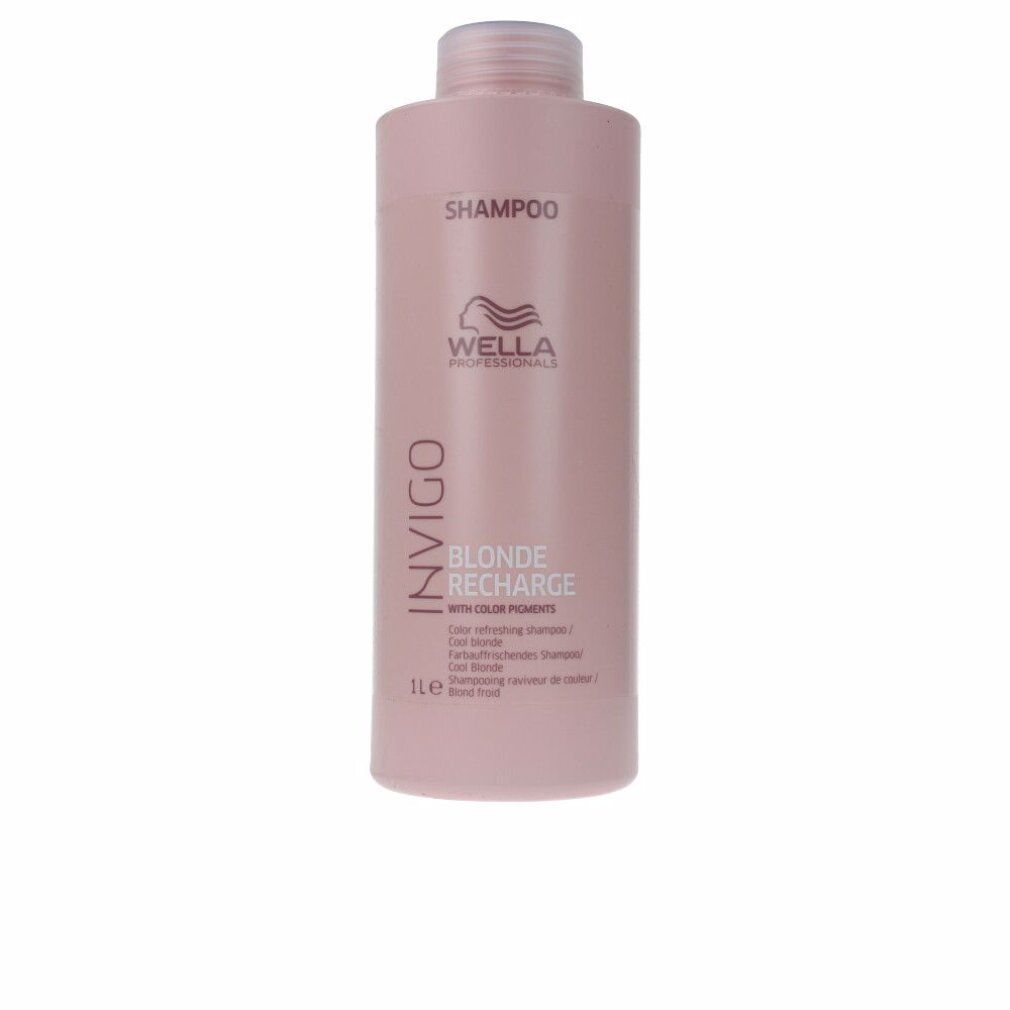 Rosa Shampoo-Flasche mit INVIGO, BLONDE RECHARGE, Wella Professionals. Text: Color refreshing shampoo. 1l.