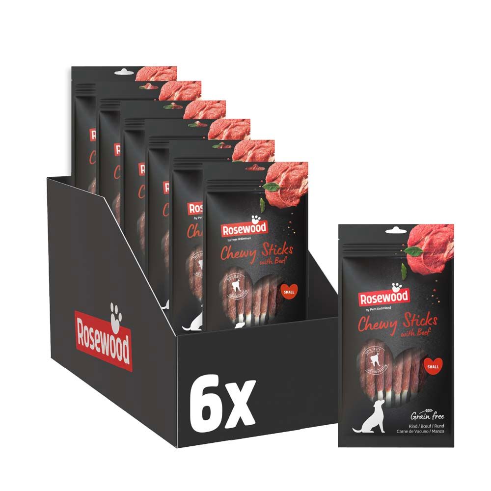 Karton mit 6 Packungen Rosewood Chewy Sticks. Schwarze Verpackung mit Rindfleisch. Kleine Größe.