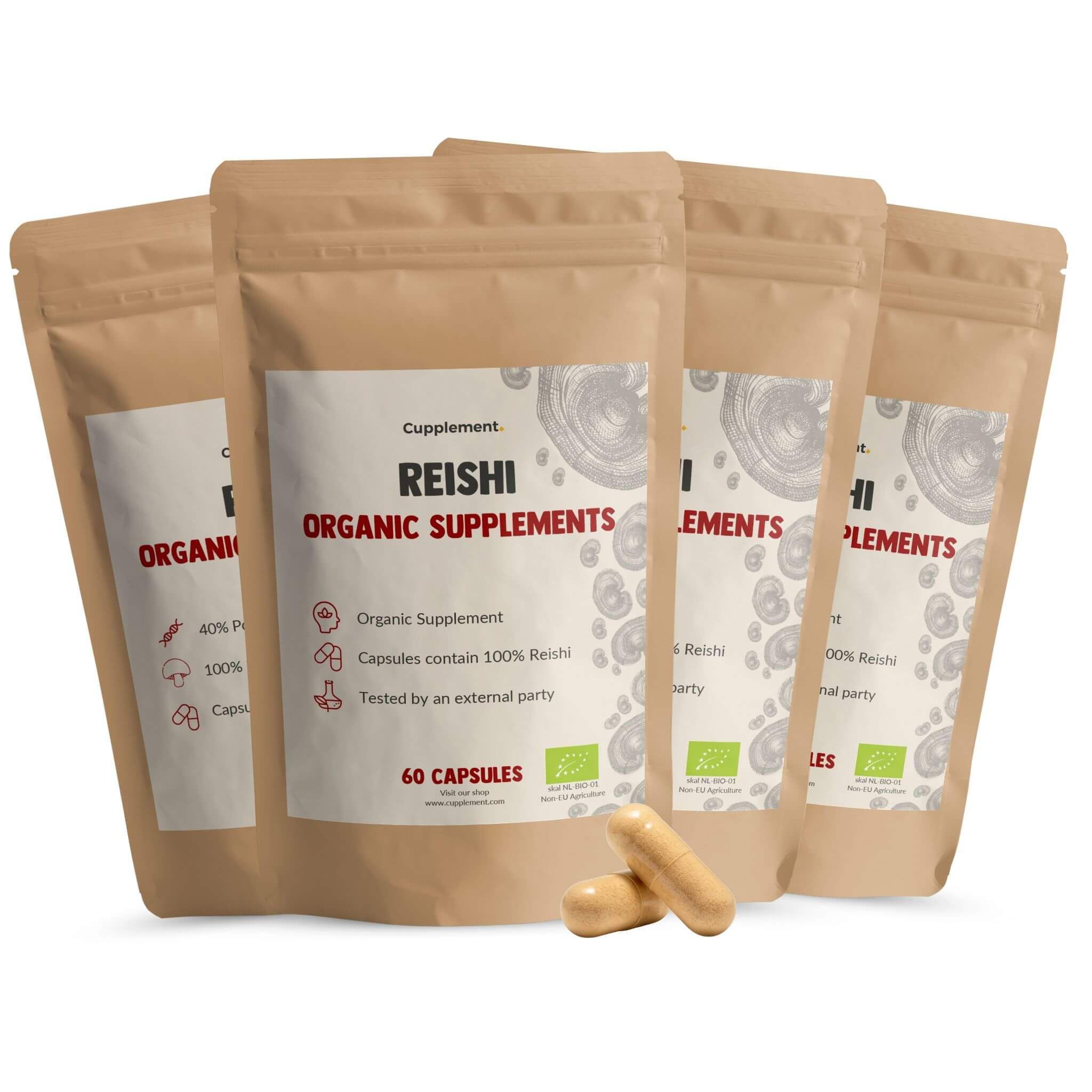 Mehrere Beutel mit Cupplement Reishi 500 mg BIO. Aufschrift: Reishi Organic Supplements. 60 Kapseln. Zwei Kapseln liegen daneben.
