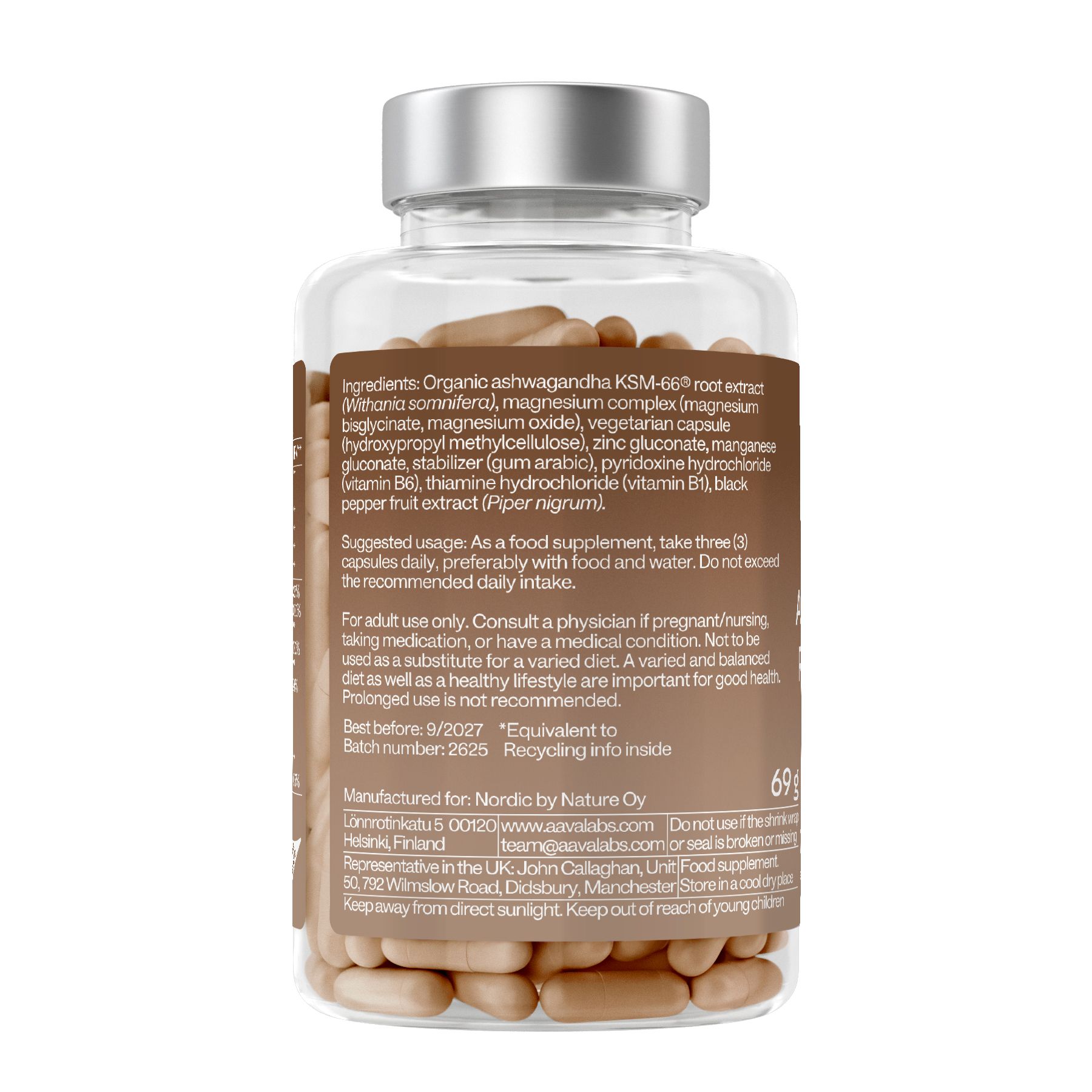 Rückseite der Flasche mit braunem Etikett. Enthält Inhaltsstoffe und Anwendungshinweise. Silberner Deckel.