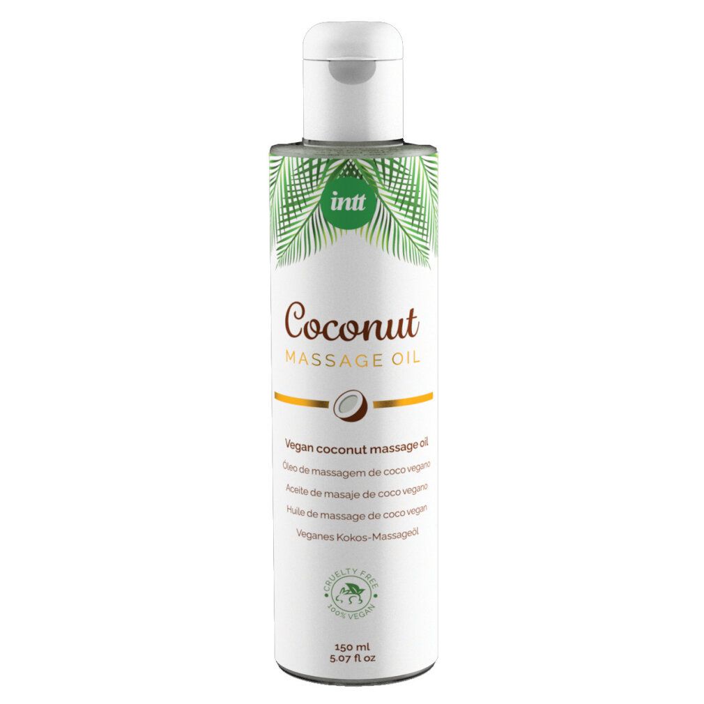 Flasche INTT Kokosnuss-Massageöl. Weißes Etikett mit Logo, Produktname, Kokosnuss-Illustration und Text. Vegan-Siegel.
