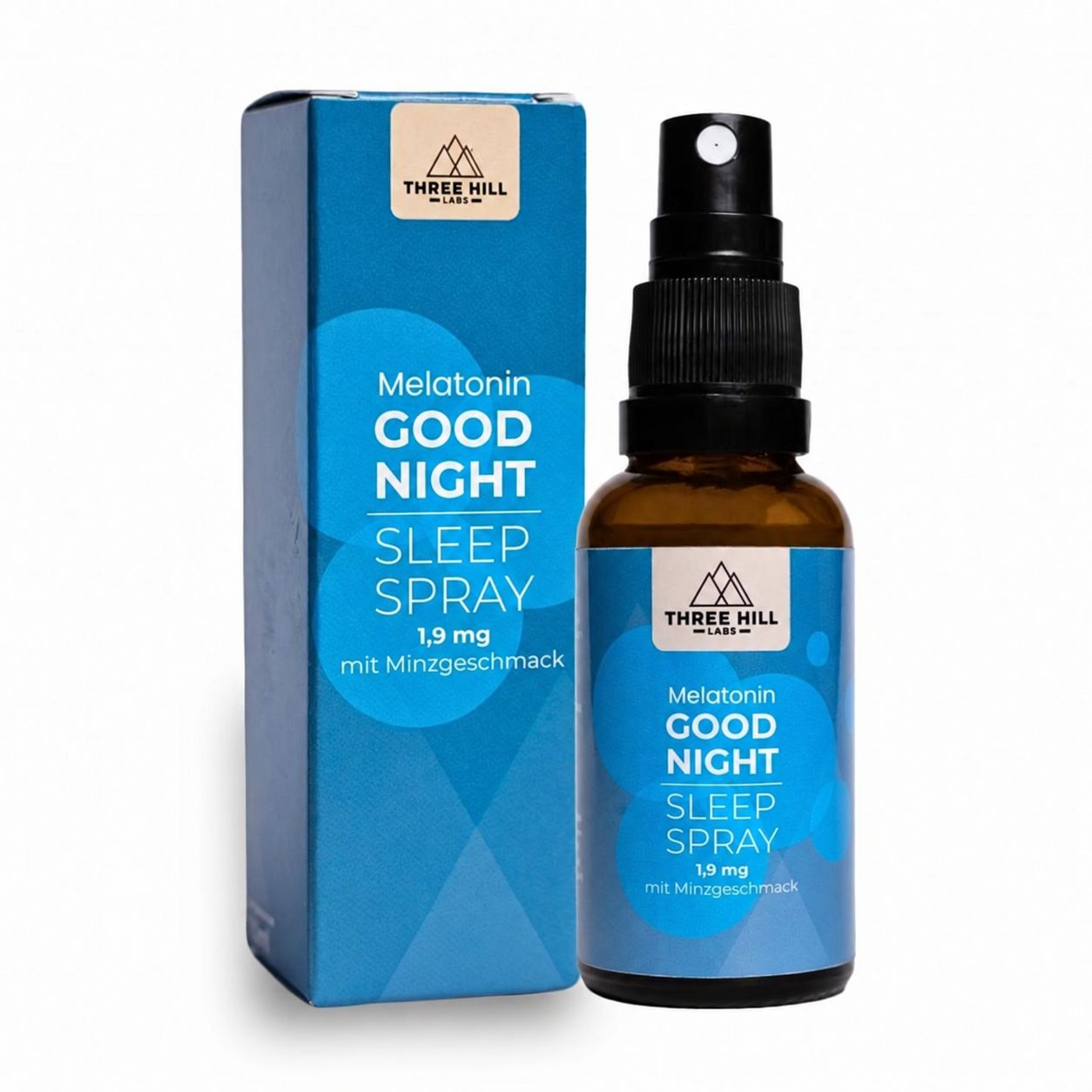 Schlaf-Spray Flasche und Verpackung, "Melatonin GOOD NIGHT SLEEP SPRAY 1,9 mg mit Minzgeschmack".