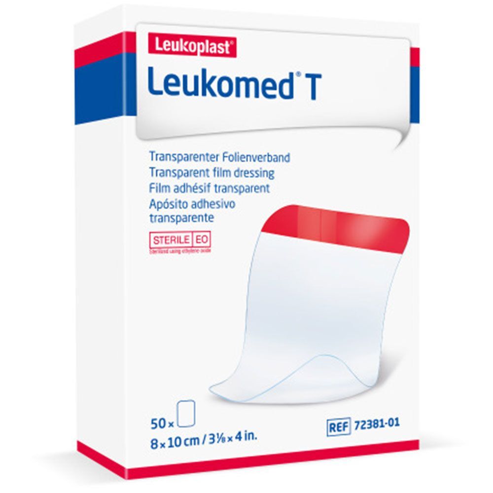 Verpackung von Leukomed T. Transparentes Folienverband. Enthält 50 Stück. Abmessungen: 8x10 cm/3 1/8x4 Zoll. Steril.