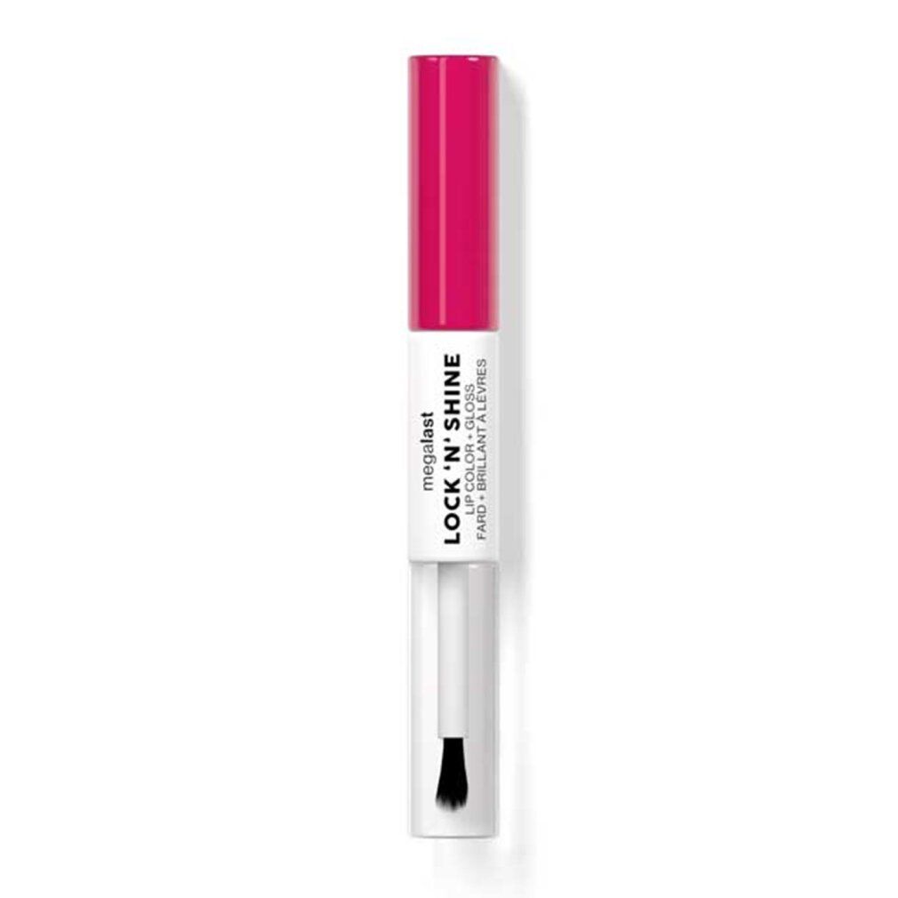 Doppel-Lippenprodukt mit pinkfarbener Kappe und transparentem Behälter. Text: Lock 'N Shine, Fard à Lèvres, Brillant à Lèvres.