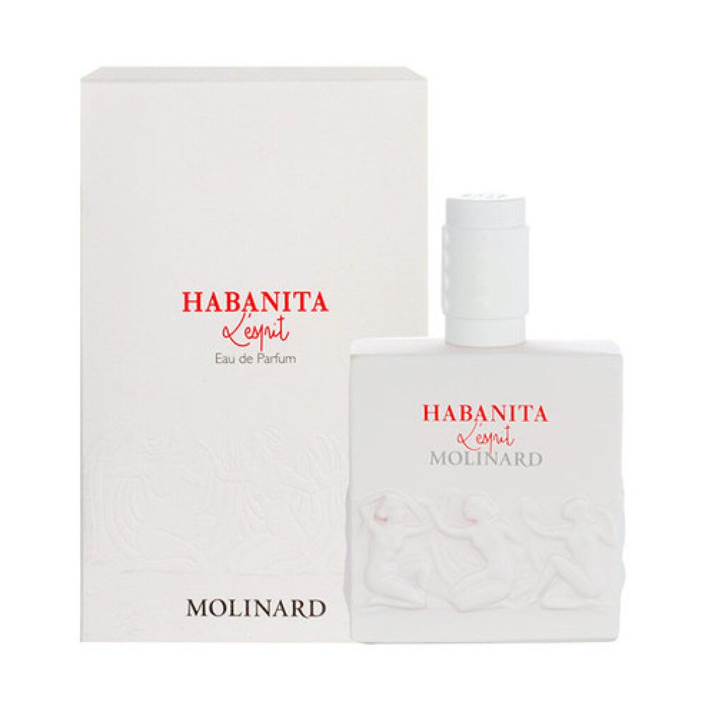 Weiße Flasche und Verpackung. Aufschrift: Habanita l'Esprit, Eau de Parfum, Molinard. Relief.
