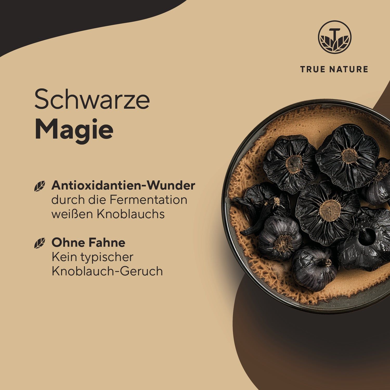 Schwarzer Knoblauch in Schale. Antioxidantien durch Fermentation. Ohne Knoblauch-Geruch.