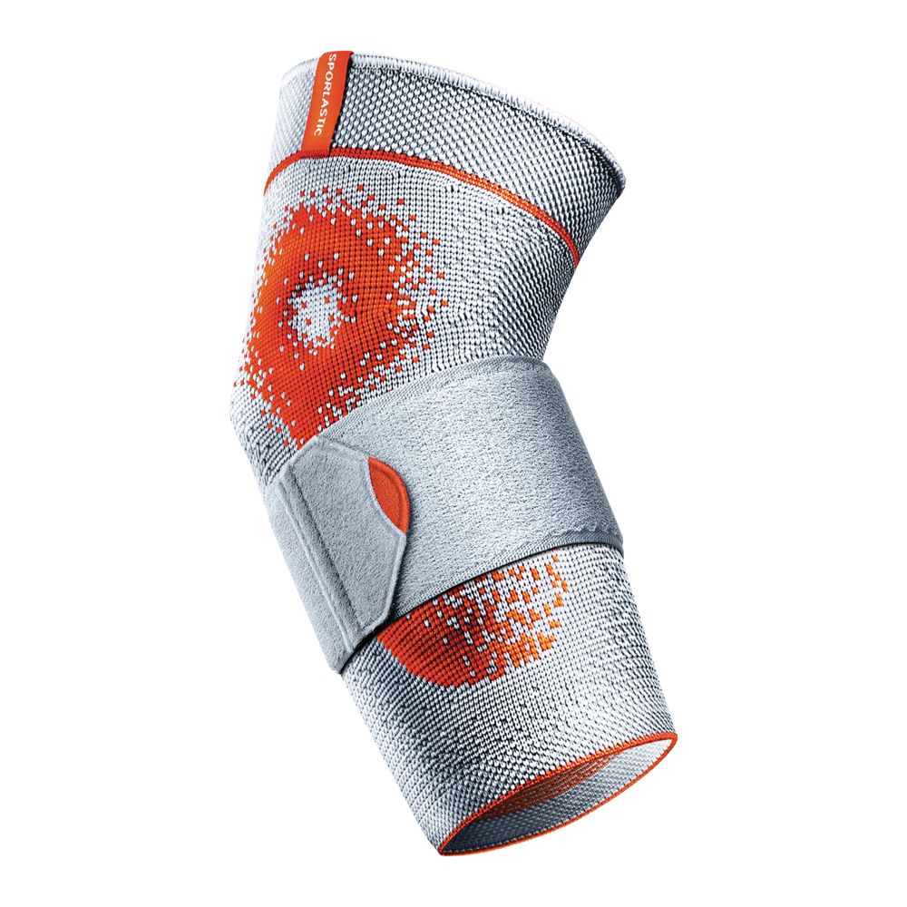 Elbogenbandage, grau-orange. Mit Klettverschluss. Marke Sporlastic. Elastisches Material. Detailansicht.