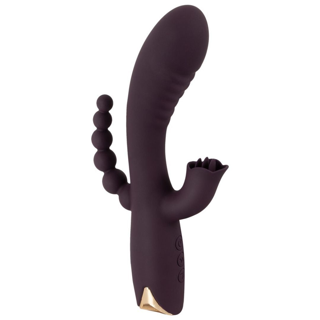 Dunkelvioletter Vibrator mit Analstimulator und 10 Vibrationsmodi. Mit kugelförmigem Stimulator.
