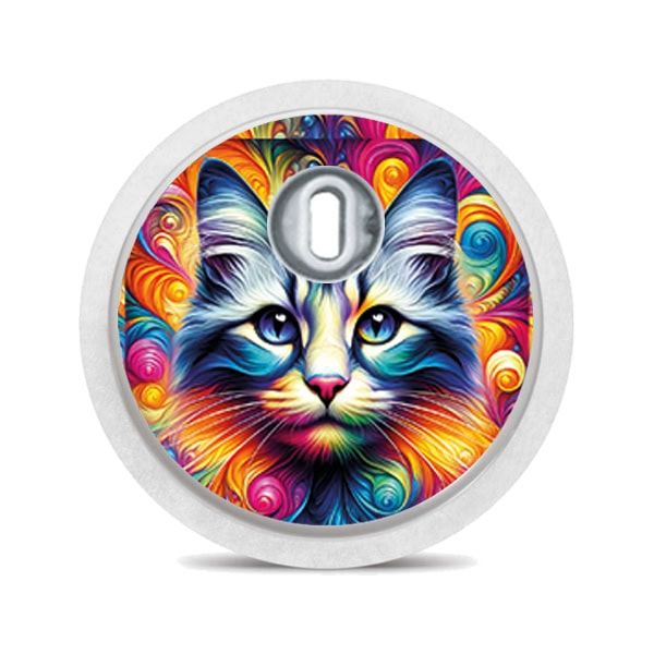 Runder Aufkleber mit einem Katzen-Gesicht. Bunte Farben. Der Aufkleber hat eine Aussparung für den Sensor.