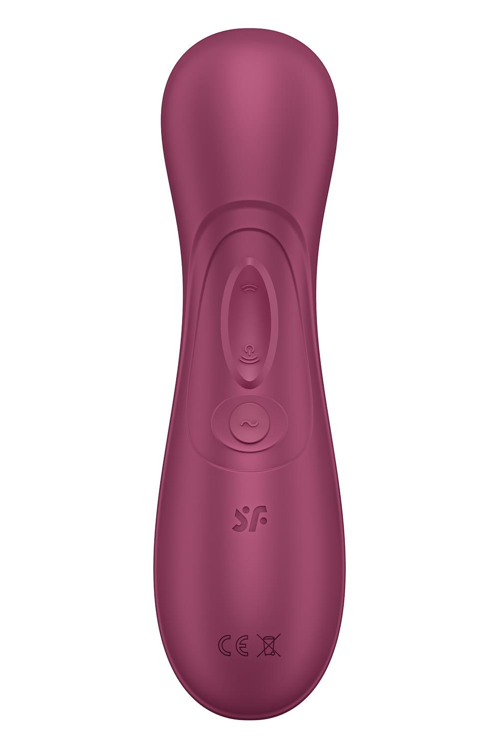 Rückseite eines lila Satisfyer Pro 2 mit Bedienelementen.