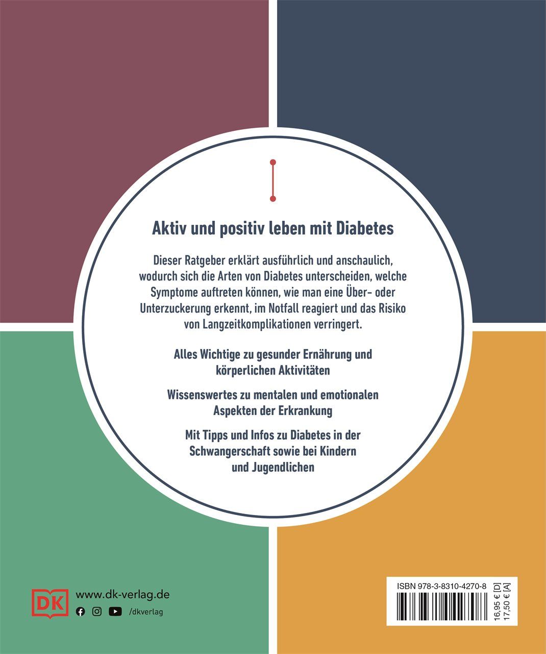 Rückseite des Buches: Diabetes verstehen und die Lebensqualität erhalten. Text über Diabetes, Ernährung und körperliche Aktivität.
