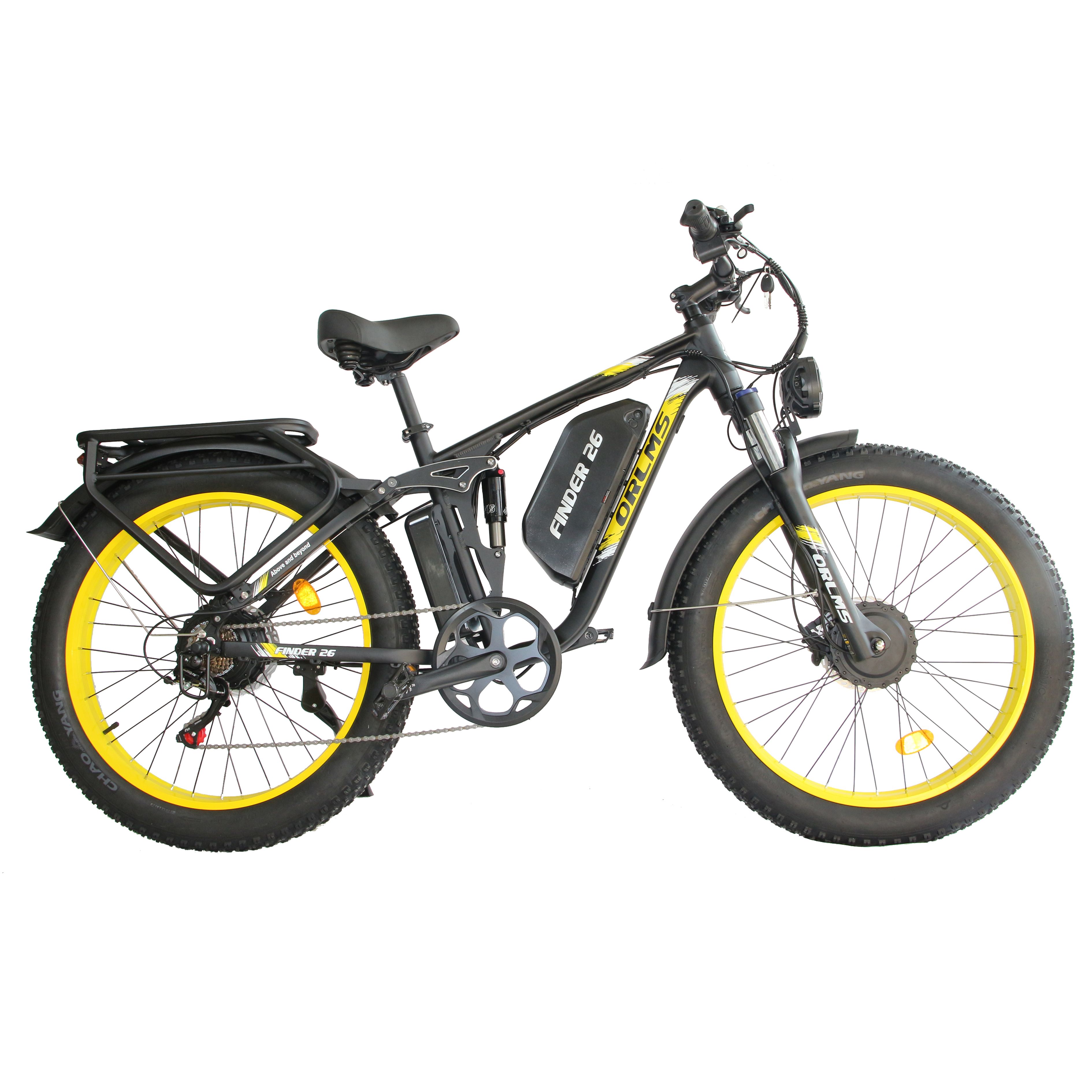 Schwarzes E-Mountainbike mit gelben Felgen. Gepäckträger, Scheinwerfer und Akku. Aufschrift: ORLMS Finder 26.