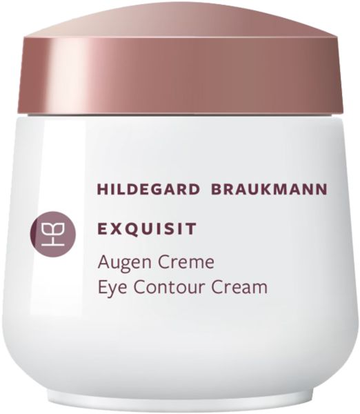 Weißer Tiegel mit rosafarbenem Deckel. Aufschrift: Hildegard Braukmann, Exquisit Augen Creme, Eye Contour Cream.