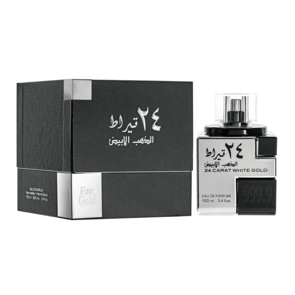 Schwarze und silberne Parfümflasche und -verpackung. Aufschrift: 24 Karat, Weißgold. Eau de Parfum. 100 ml.