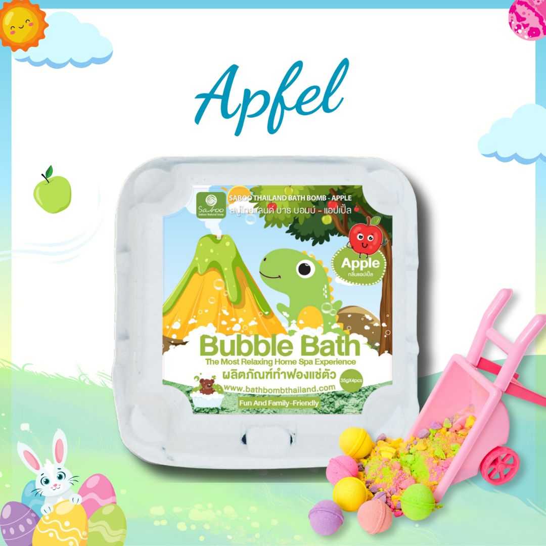 Verpackung mit Badebomben. Aufschrift: Apfel, Bubble Bath. Kleine rosa Schubkarre mit bunten Kugeln.