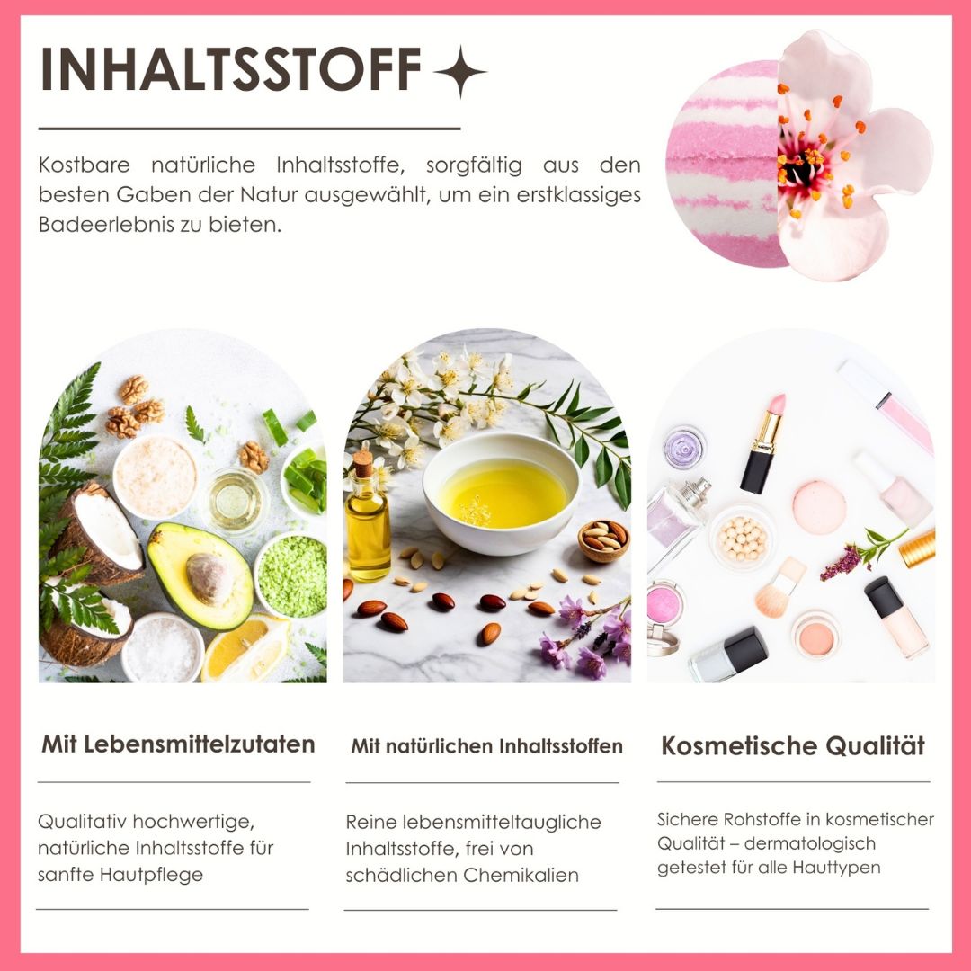 Inhaltsstoffe: Kokosnuss, Avocado, Mandelöl, Blüten. Text: Mit Lebensmittelinhaltsstoffen, mit natürlichen Inhaltsstoffen, kosmetische Qualität.