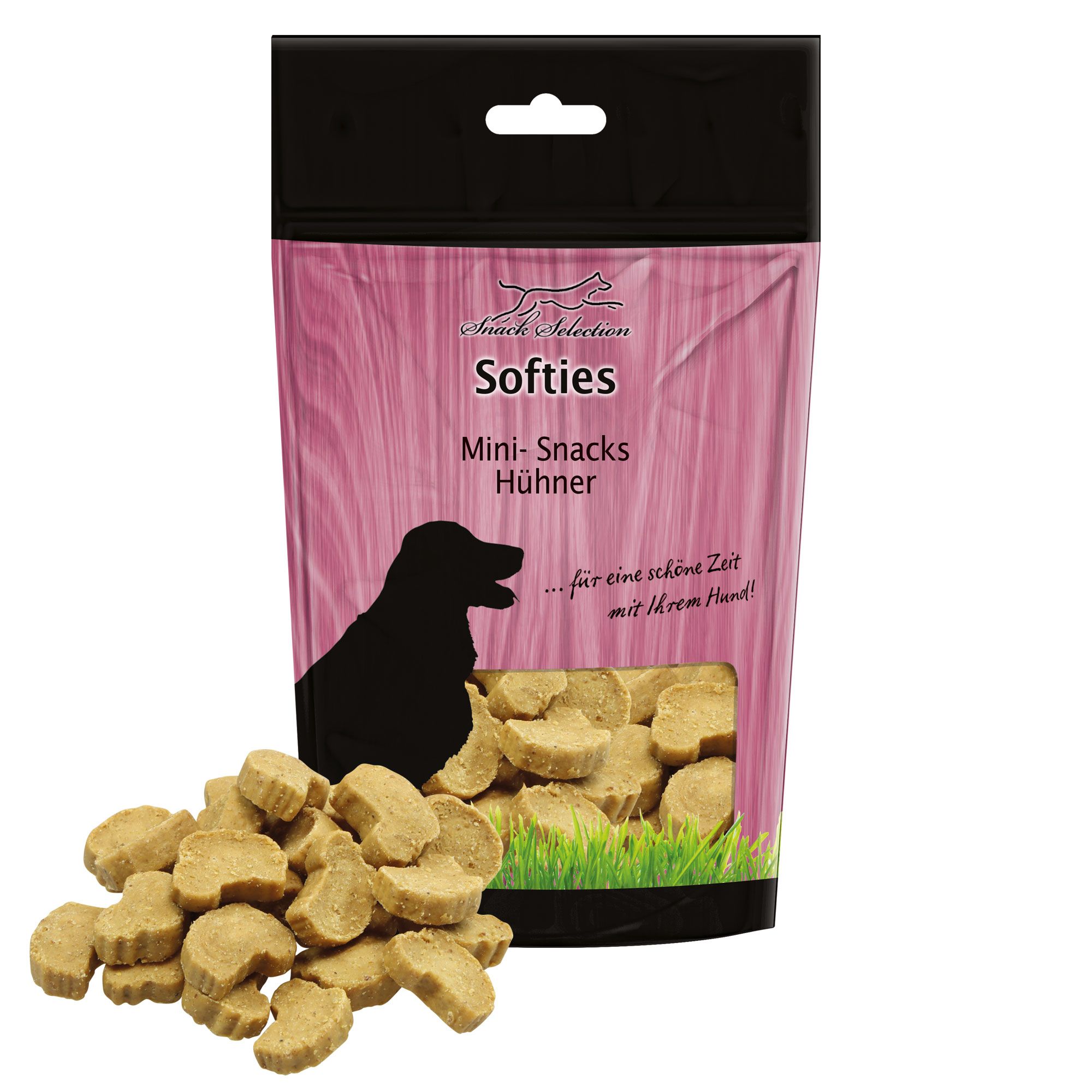 Beutel mit Softies Mini-Snacks Hühner. Sichtfenster mit Snacks, daneben Haufen. Schwarze Hunde-Silhouette.