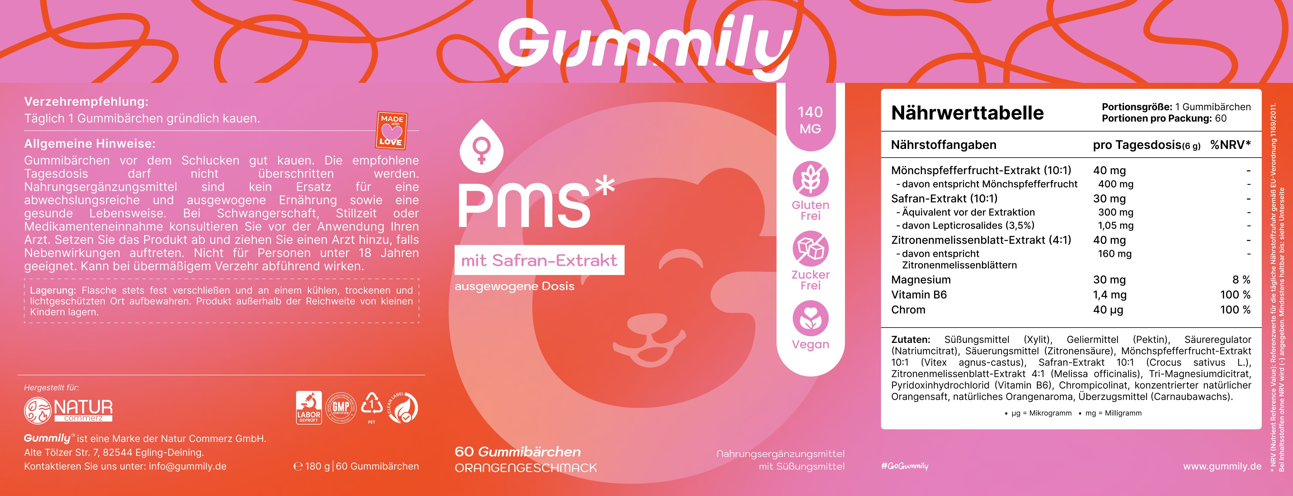 Etikett von Gummily PMS Hormonbalance Gummibärchen mit Nährwertangaben und Inhaltsstoffen.