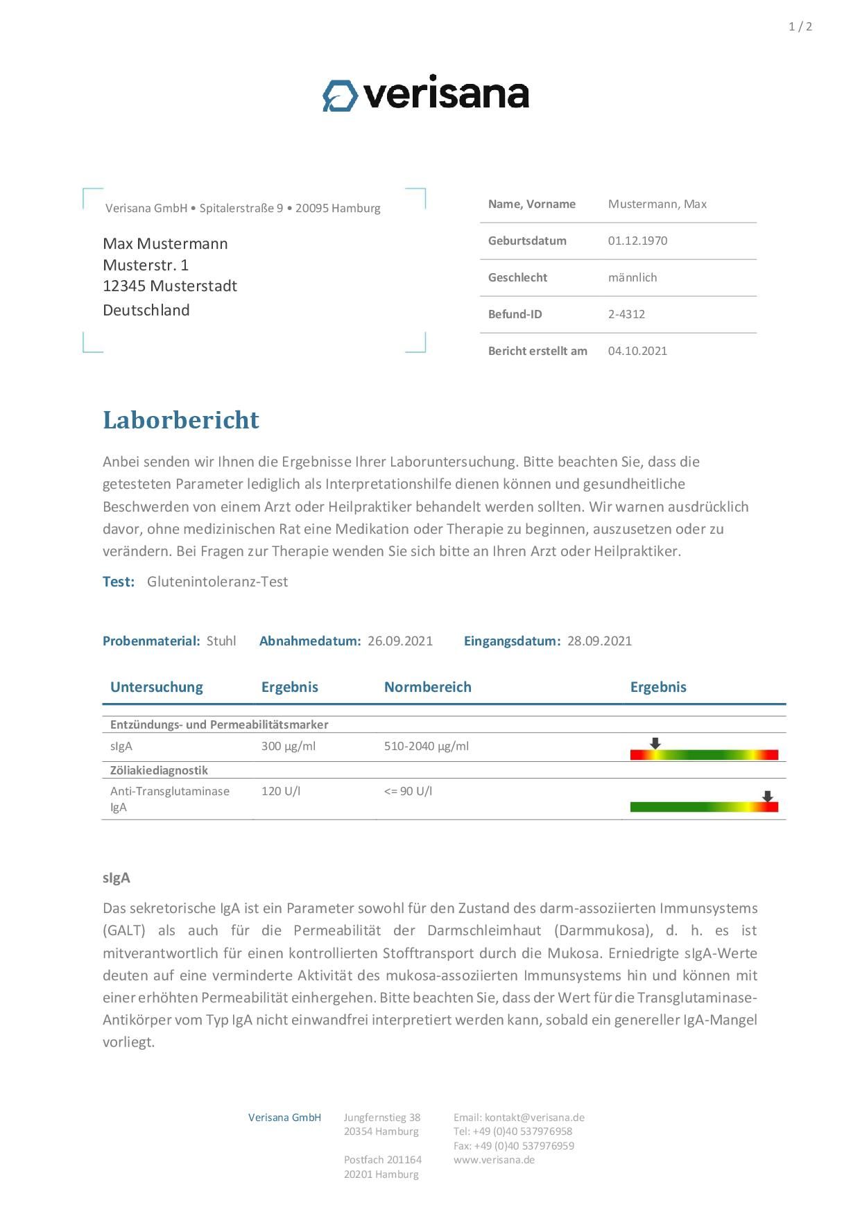 Laborbericht Verisana Glutenintoleranz-Test. Ergebnisse zu Entzündungs- und Permeabilitätsmarkern, sowie IgA-Antikörpern.