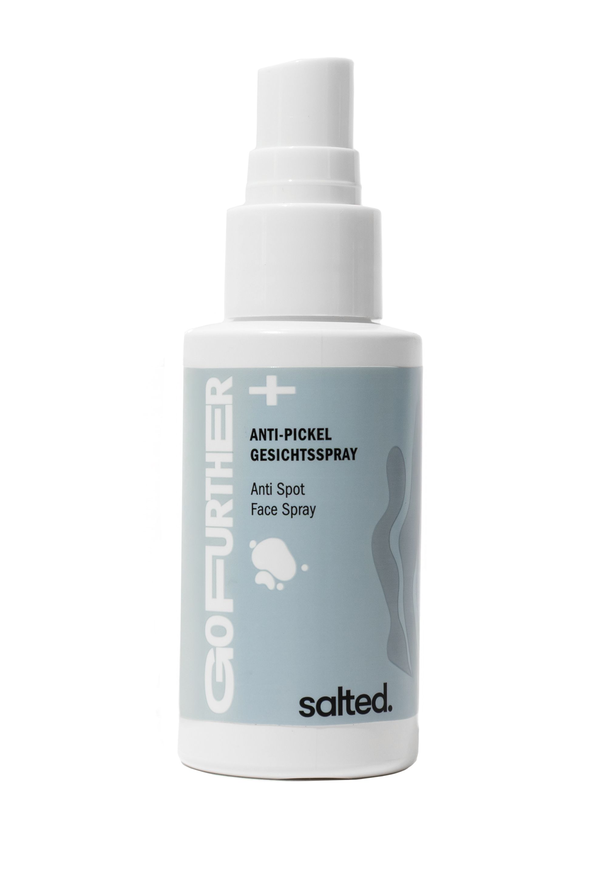 Weiße Sprühflasche mit blauem Etikett. Text: Anti-Pickel Gesichtsspray, Anti Spot Face Spray. Marke: salted.