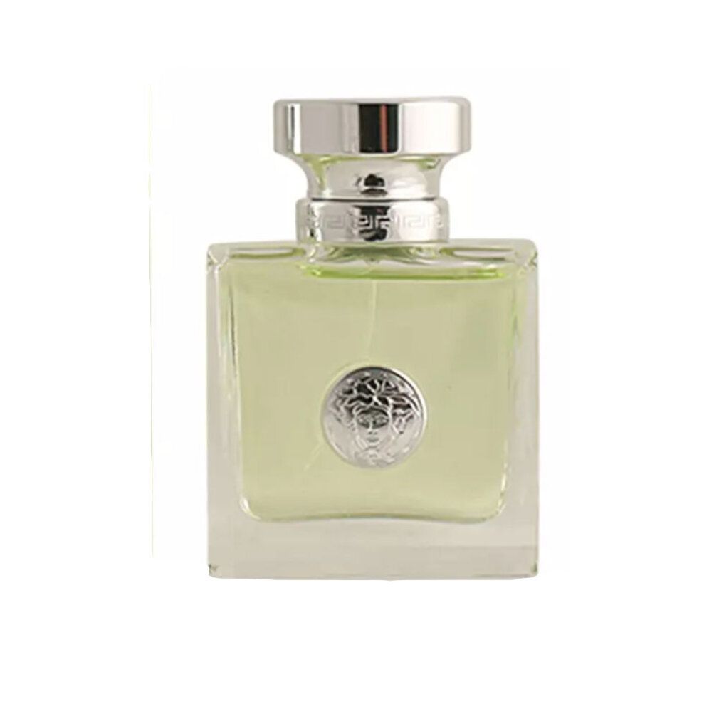 Versace Versense Eau de Toilette Spray. Quadratischer Glasflakon mit silbernem Verschluss. Grünliche Flüssigkeit. Medusa-Logo auf der Vorderseite.