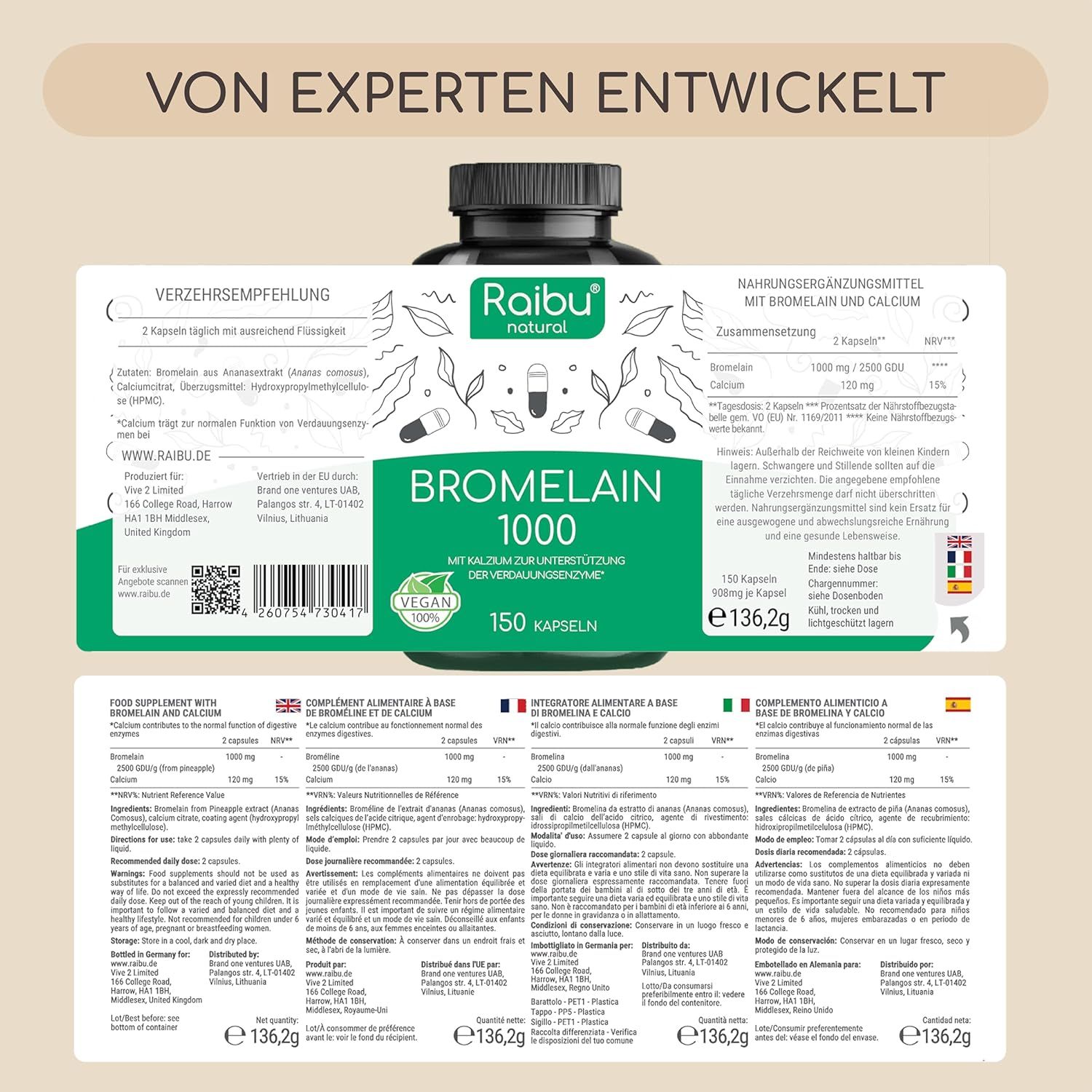 Bromelain Kapseln Hochdosiert 500 mg, 150 Kapseln - RAIBU