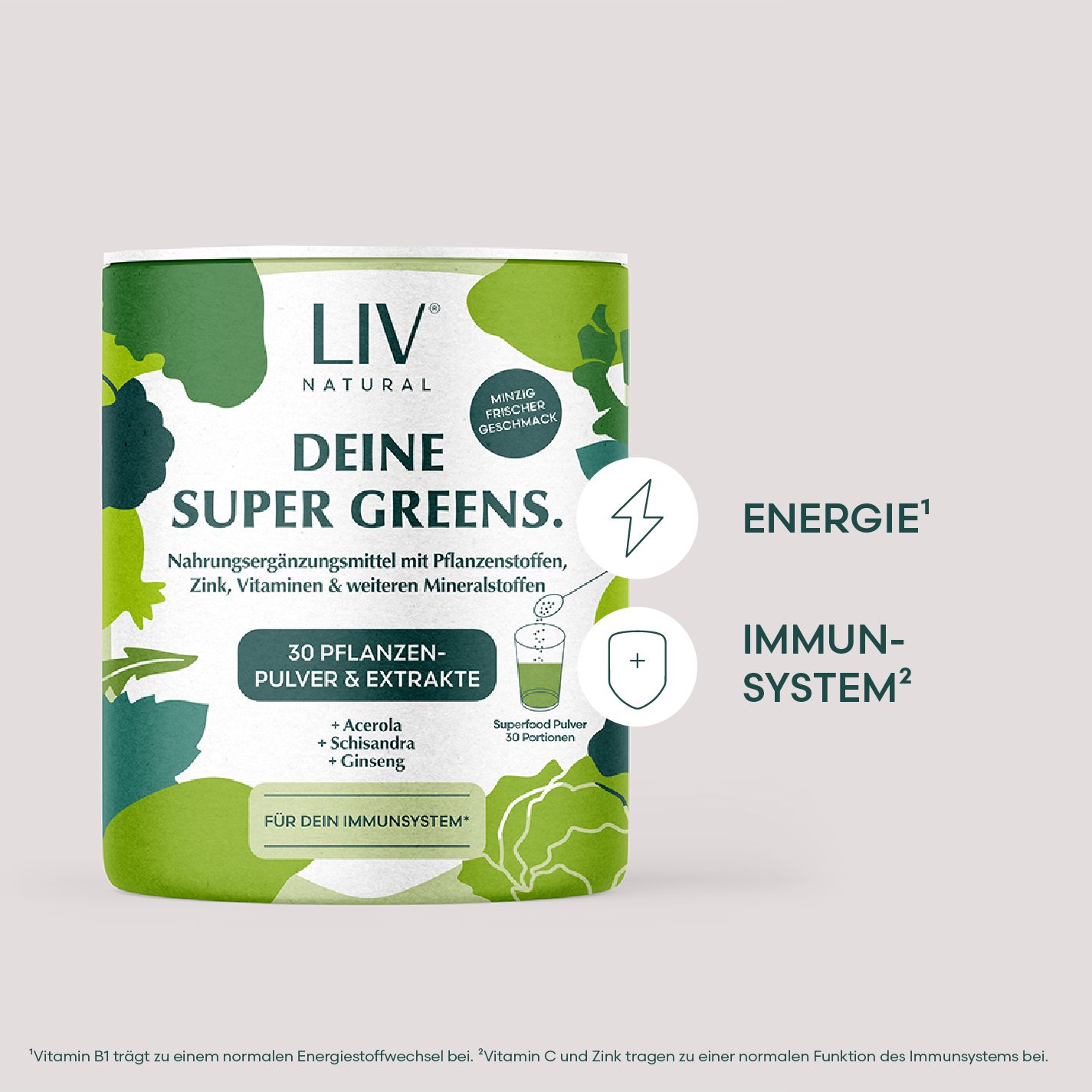 Grüne Dose mit LIV NATURAL Super Greens. Enthält 30 Pflanzenpulver & Extrakte. Mit Vitaminen und Mineralstoffen. Für das Immunsystem.