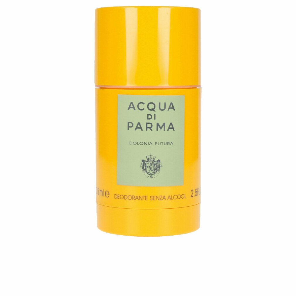 Gelber Deo-Stick. Aufschrift: Acqua di Parma, Colonia Futura. Grünes Etikett. Deodorante senza alcool.