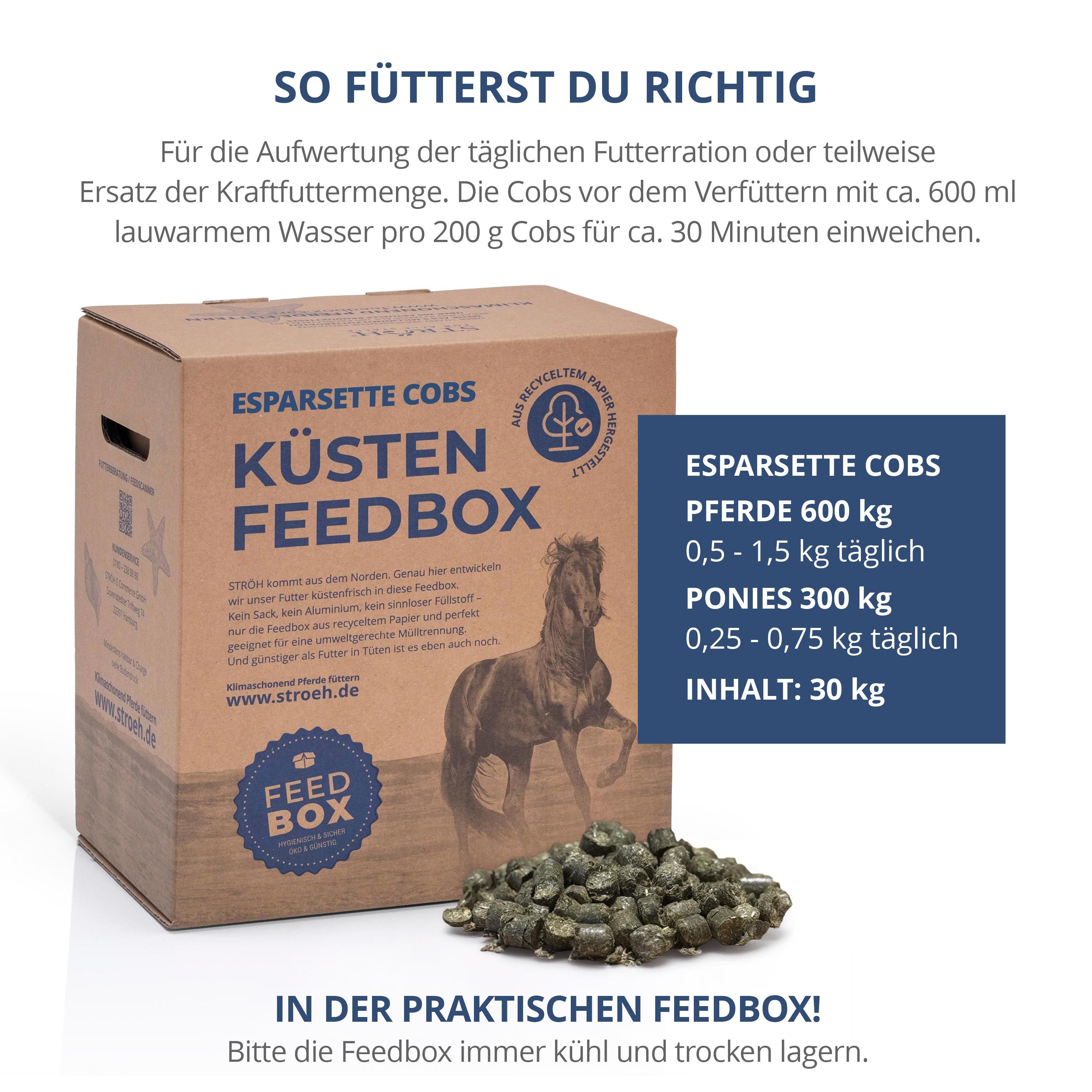 Feedbox mit Esparsette Cobs und grünen Cobs. Text: Esparsette Cobs Küsten Feedbox. Tabelle: Fütterungsempfehlung für Pferde und Ponys.