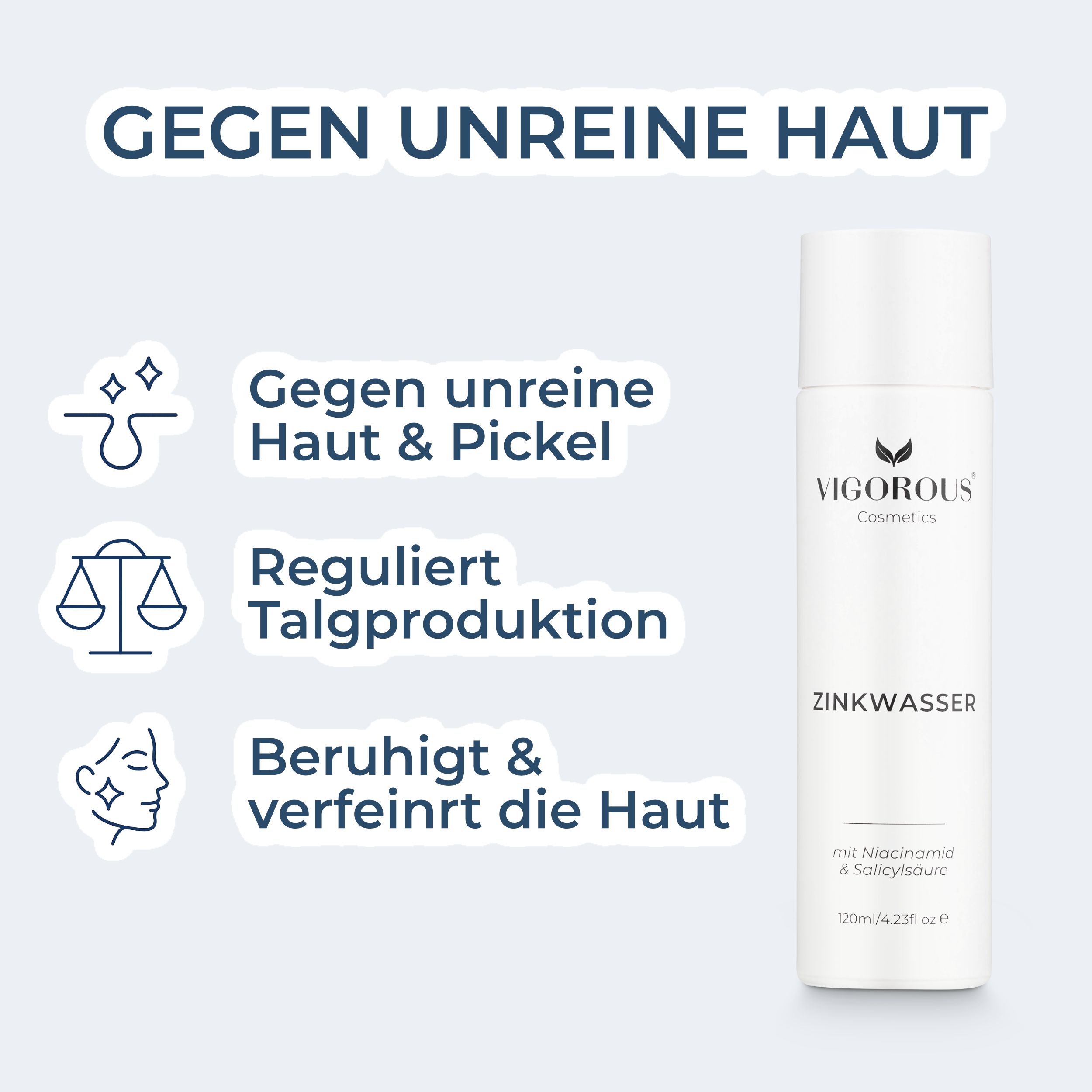 VIGOROUS® Zinkwasser – klärt Poren tiefenrein, bekämpft unreine Haut & Pickel