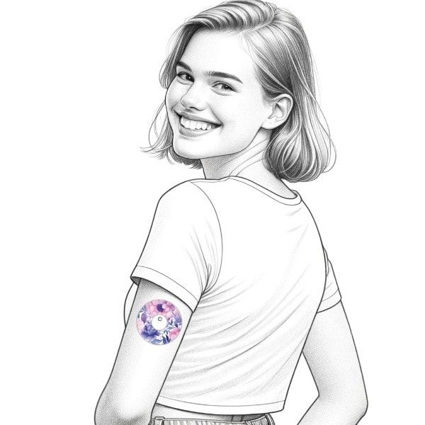 Skizze einer Person mit einem Fixierungspflaster am Arm. Lila Blumenmuster. Produktname nicht sichtbar.