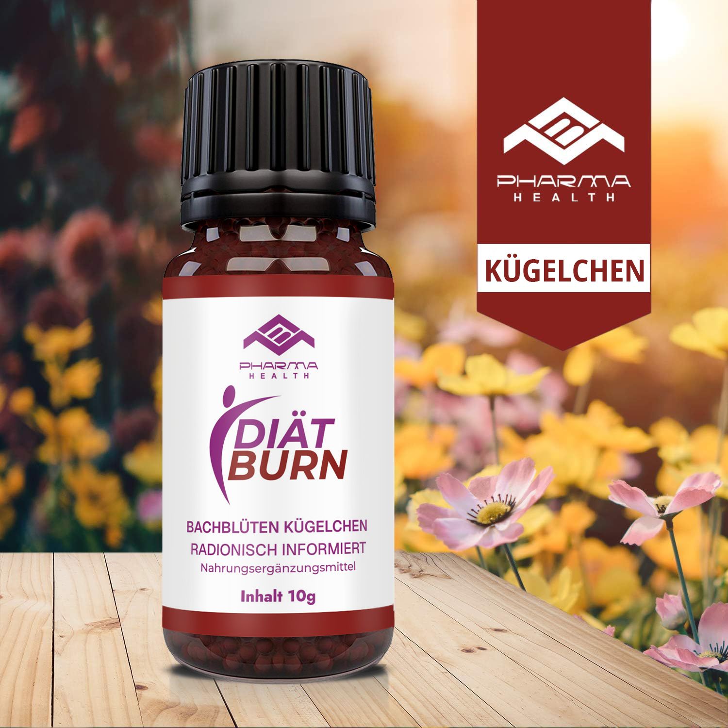 Braune Glasflasche mit schwarzem Deckel. Etikett mit "Pharma Health", "Diät Burn" und weiteren Texten. Auf Holzoberfläche.