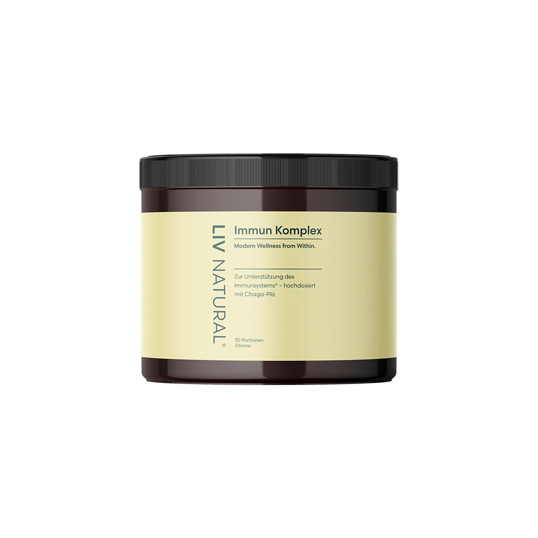 Braune Dose mit schwarzem Deckel. Aufschrift: LIV NATURAL, Immun Komplex. 30 Portionen.