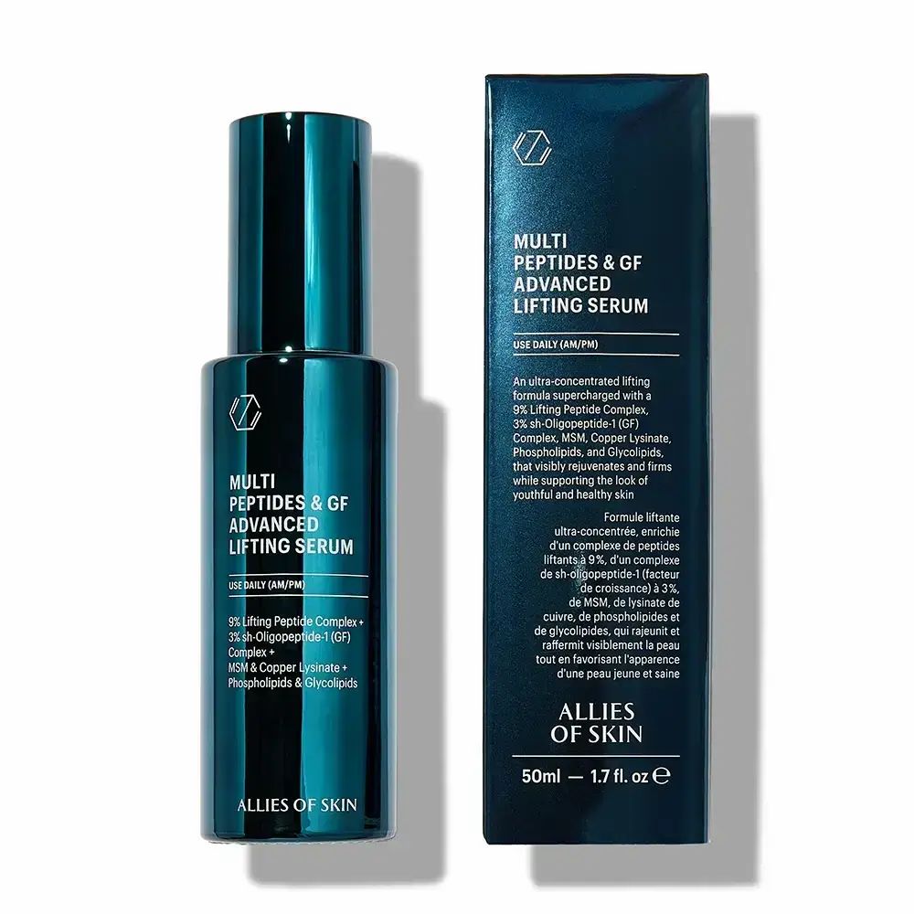 Dunkelgrüne Flasche und Schachtel. Text: Multi Peptides & GF Advanced Lifting Serum. Marke: ALLIES OF SKIN. 50ml.