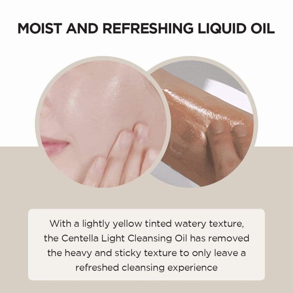 Illustrationen: Gesicht und Hand mit gelblicher Flüssigkeit. Text: Moist and Refreshing Liquid Oil. Marke: Skin1004.