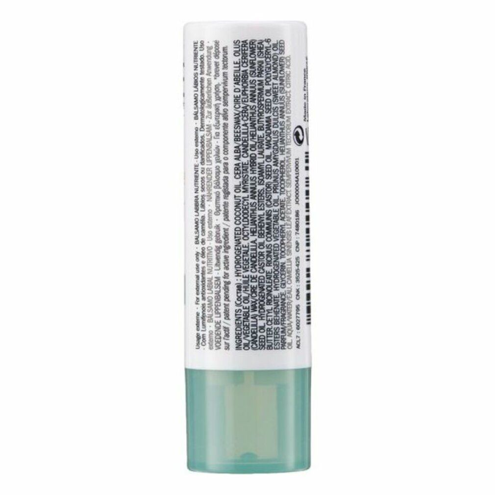 Lippenbalsam-Stift mit weißem Deckel und grünem Unterteil. Rückseite mit Inhaltsstoffen und Informationen.