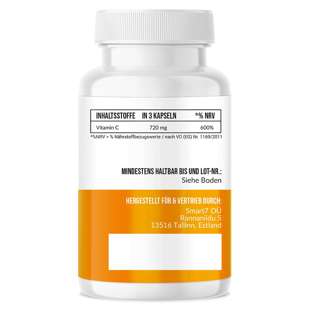 Rückseite der Vitamin C Kapseln-Flasche. Inhaltsstoffe, Nährwertangaben, Mindesthaltbarkeit und Herstellerinformationen.