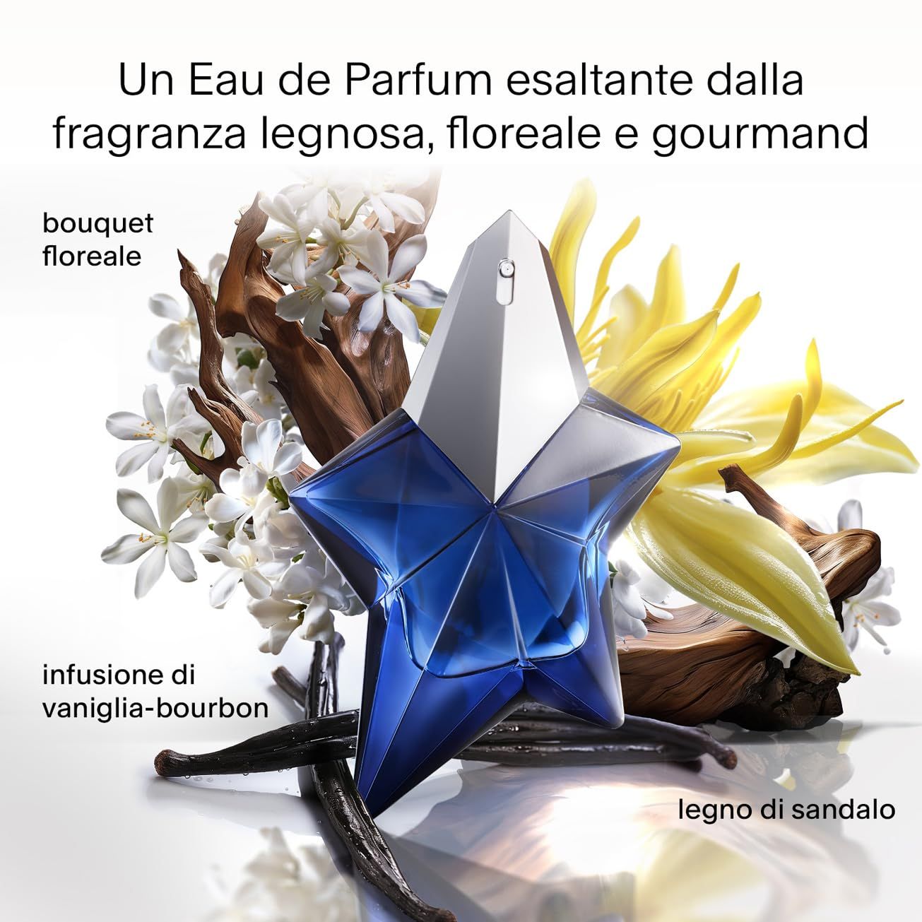 Blauer Sternflakon mit silberfarbenem Deckel, umgeben von Blüten, Holz und Vanilleschoten.