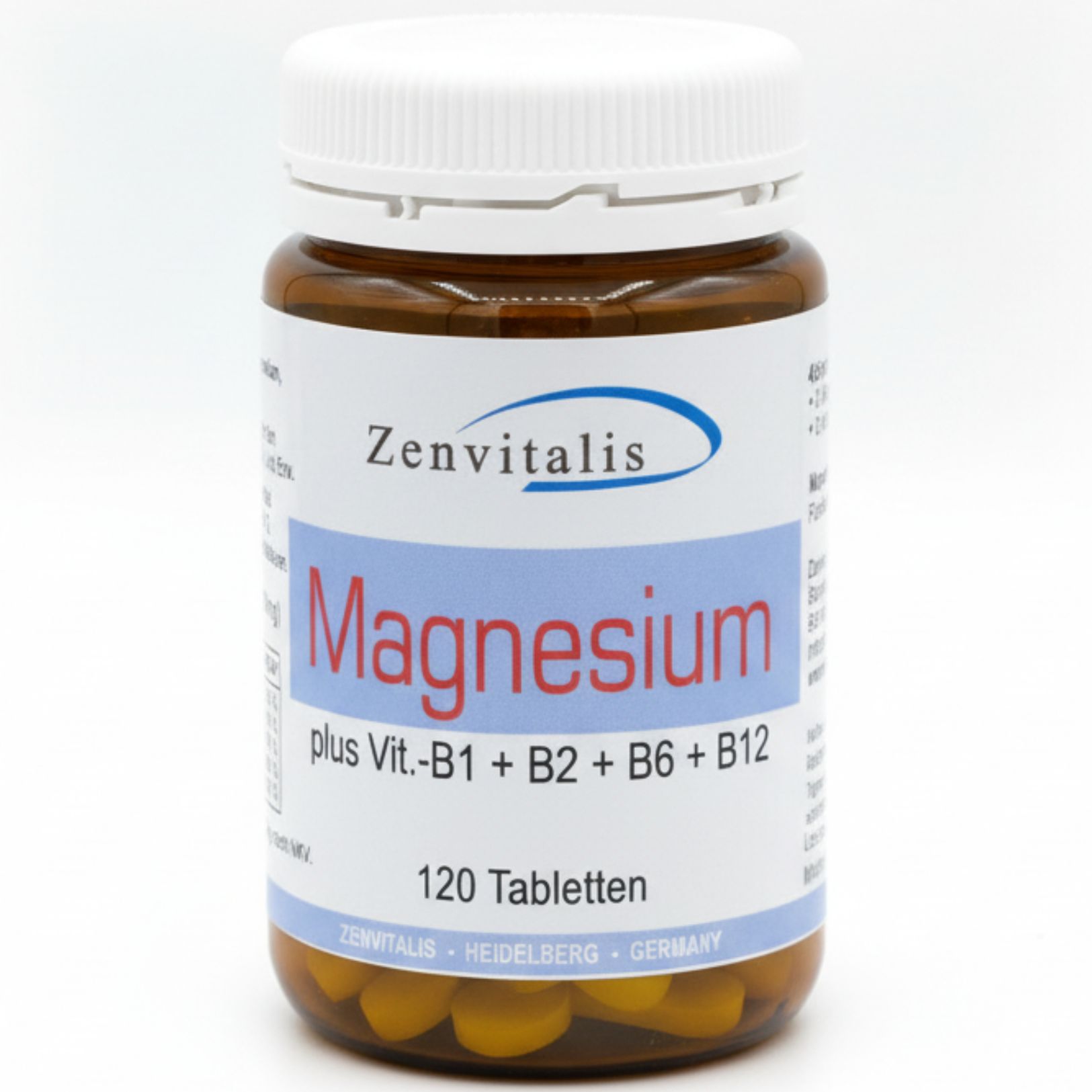 Braune Flasche mit weißem Deckel. Etikett mit "Zenvitalis Magnesium plus Vit. B Komplex - 120 Tabletten".