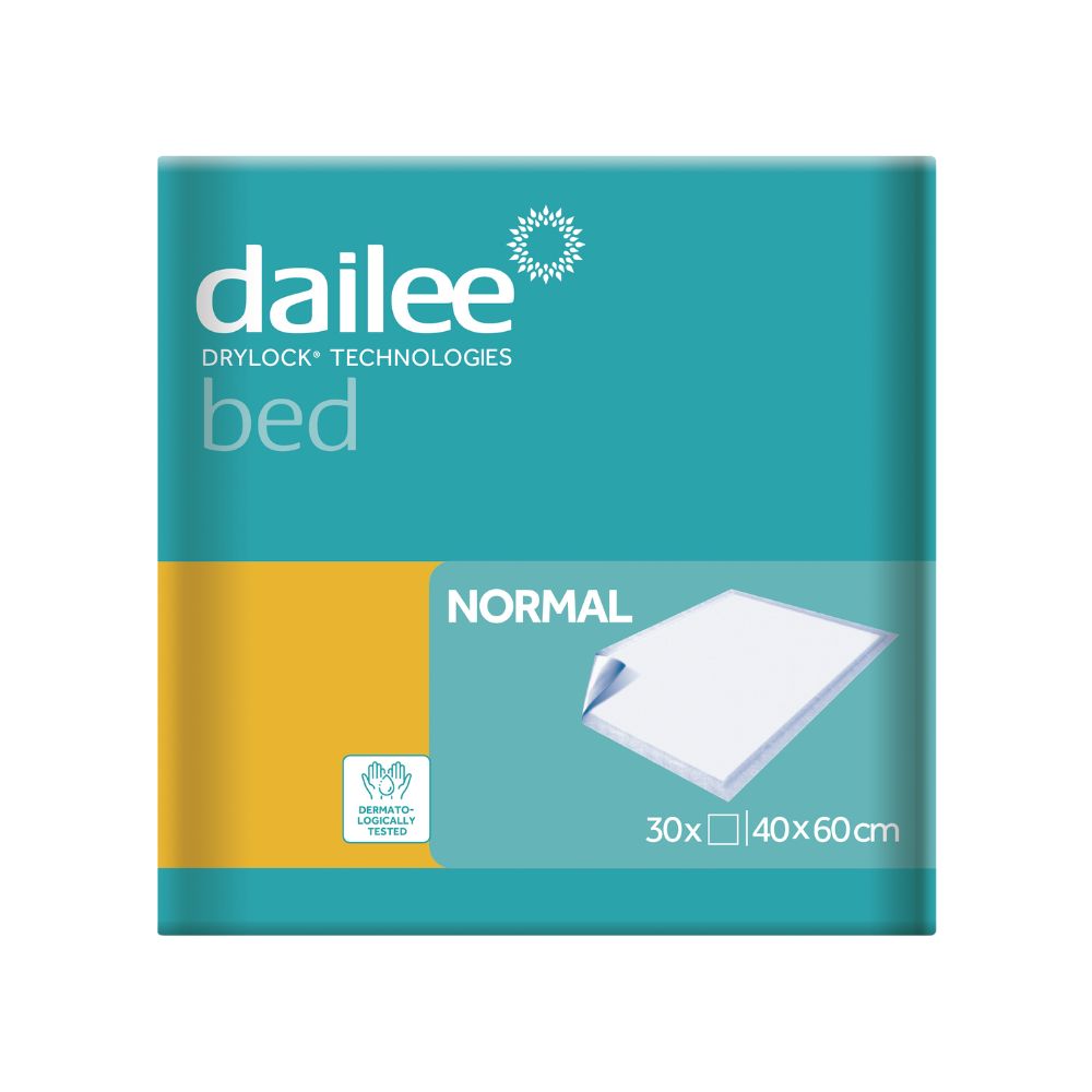 Verpackung von Dailee Bed Baby Bettunterlage. Türkis, gelb und weiß. Mit Produktname, Logo, und Größenangabe 30x40x60cm.
