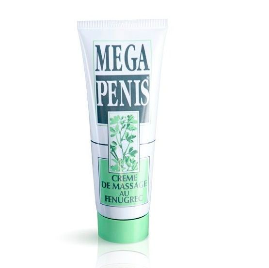 Creme-Tube mit Aufschrift MEGA PENIS und Creme de Massage au Fenugrec. Grün-weiße Verpackung.