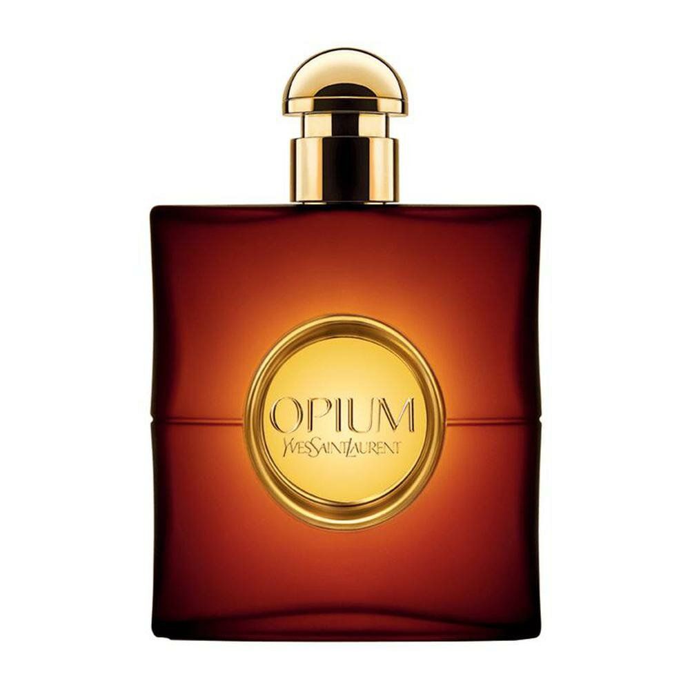 Dunkelroter Flakon mit goldenem Verschluss. Auf dem Flakon steht "Opium" und "Yves Saint Laurent".