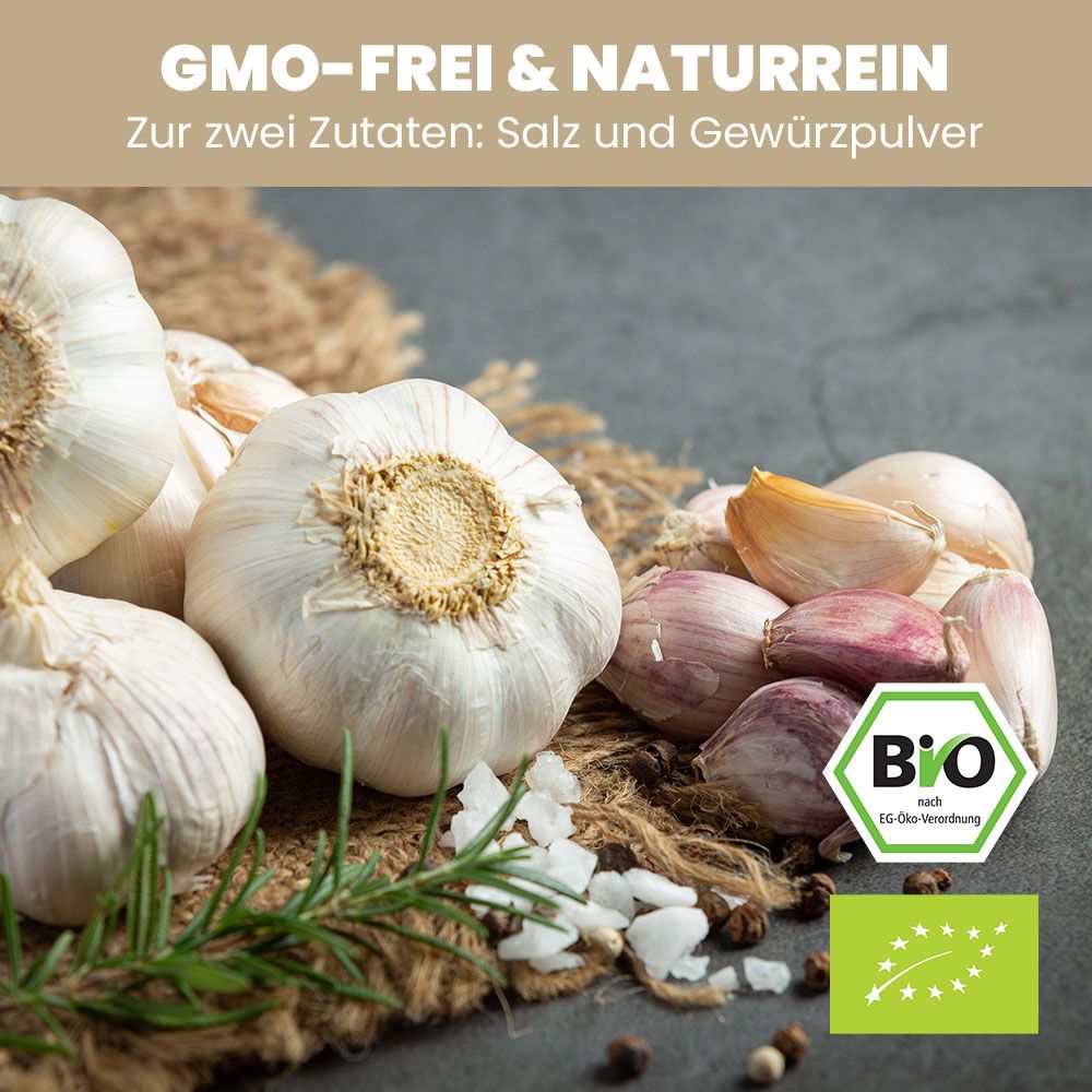 Knoblauchzehen, Rosmarin, Salz und Bio-Siegel. Text: GMO-frei & naturrein. Zwei Zutaten: Salz und Gewürzpulver.
