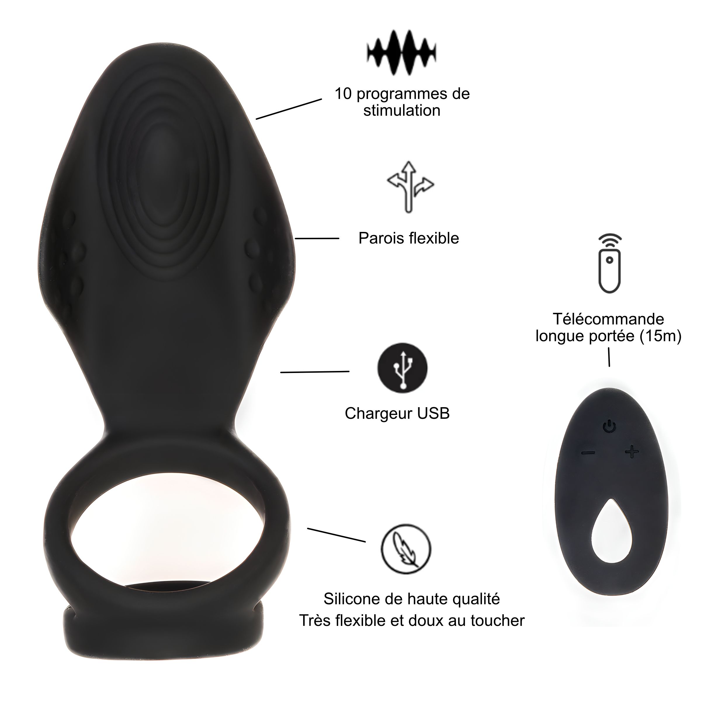 Schwarzes, ringförmiges Produkt mit Fernbedienung. Beschriftungen: 10 Stimulationsprogramme, flexible Wände, USB-Ladegerät, Fernbedienung.