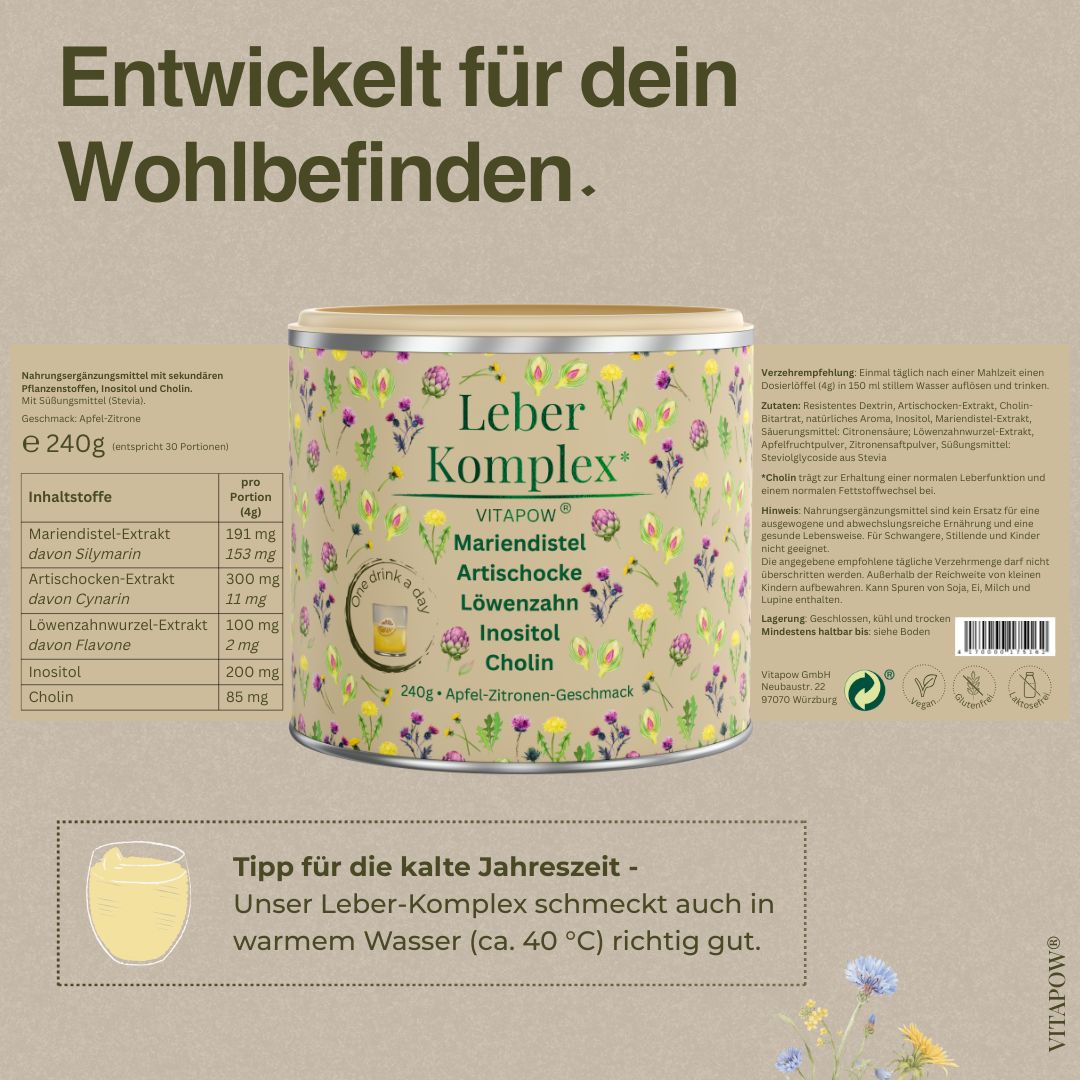 Dose mit Produkt. Text: Leber Komplex, Mariendistel, Artischocke, Löwenzahn, Inositol, Cholin. 240g, Apfel-Zitronen-Geschmack.