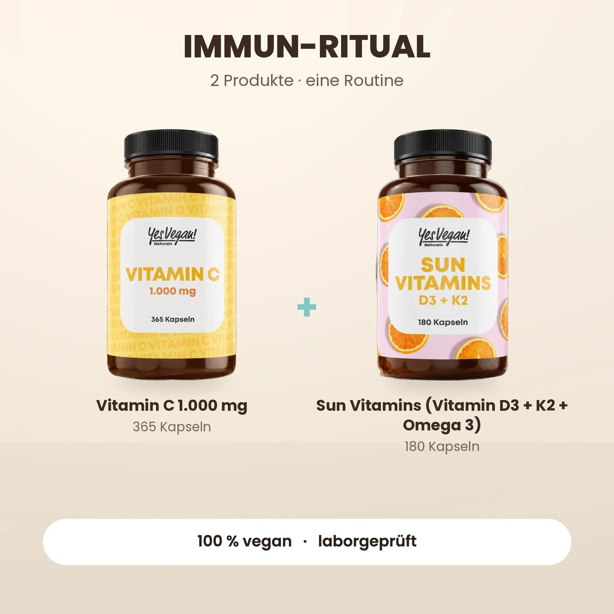 Zwei Flaschen: Vitamin C 1.000 mg (365 Kapseln) und Sun Vitamins D3 + K2 (180 Kapseln).
