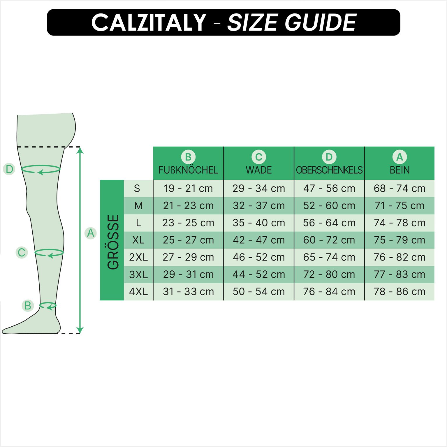 CALZITALY Größentabelle für Strümpfe. Maße für Knöchel, Wade, Oberschenkel und Bein.