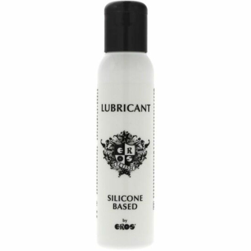 Weißes Fläschchen mit schwarzem Deckel. Aufschrift: LUBRICANT, SILICONE BASED, by EROS. Logo mit GR und Ornamenten.