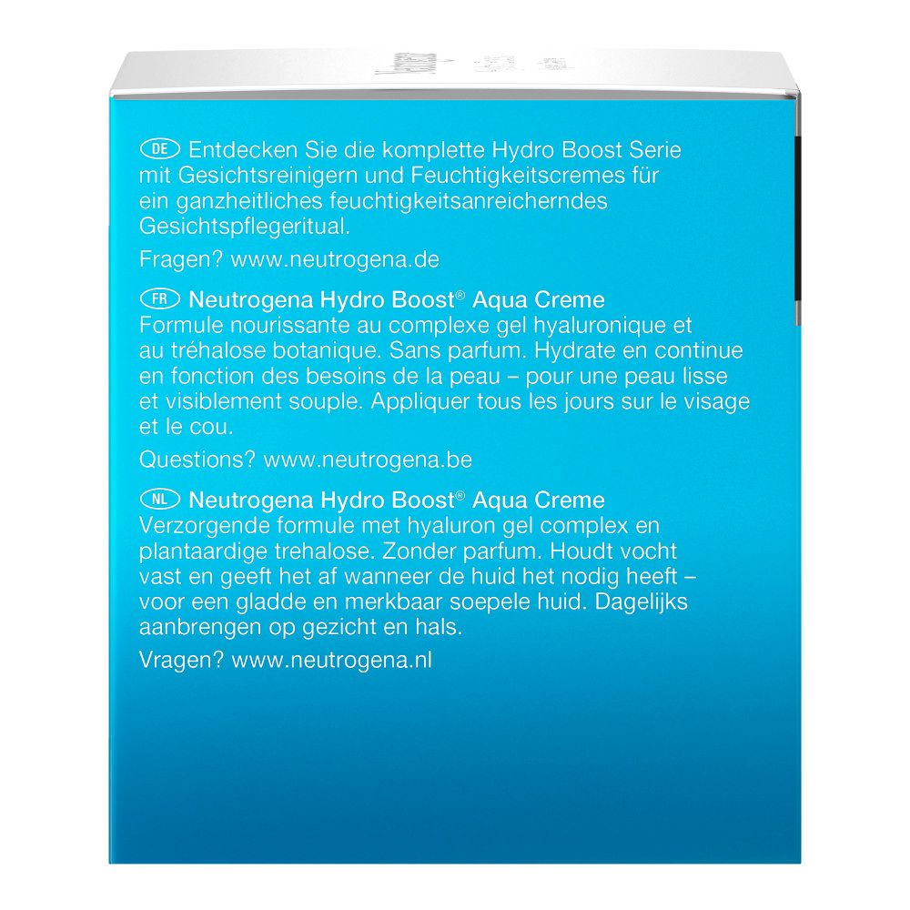 Rückseite der Hydro Boost Aqua Creme-Verpackung. Text in Deutsch, blau-weißer Hintergrund.